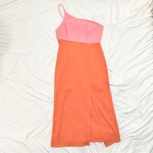 Petal & Pup One Shoulder Colorblock Pink and Orange Body Con Maxi Dress | Size 6